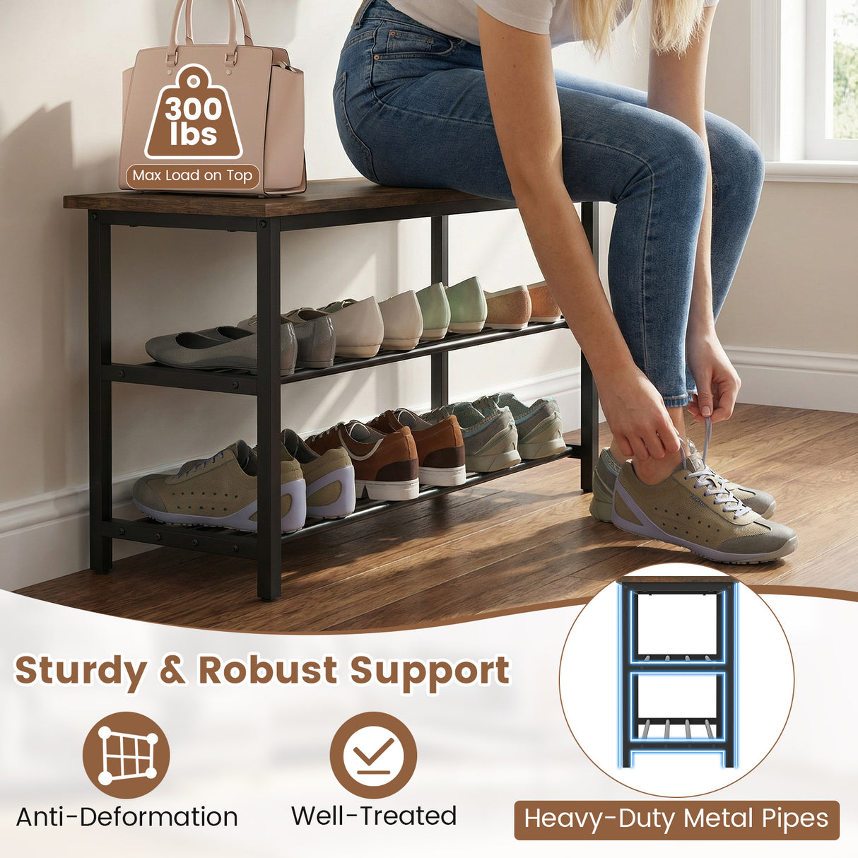 3-Tier Shoe Rack Shoe Bench with Metal Slat Shelves and Long Wooden Seat-Rustic Brown