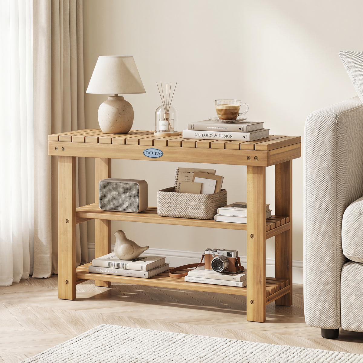 3-Tier Solid Wood Shoe Rack Bench with Slatted Shelves