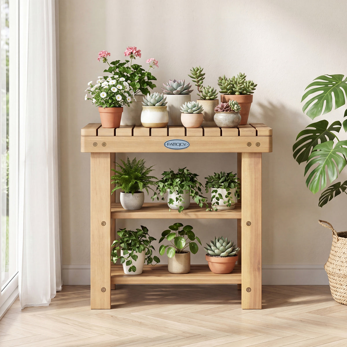 3-Tier Solid Wood Shoe Rack Bench with Slatted Shelves