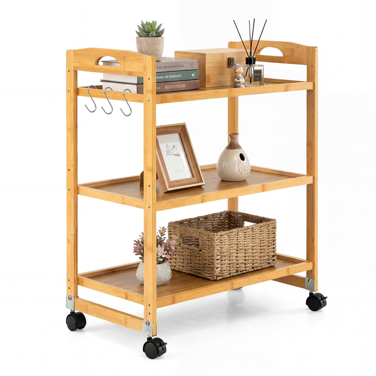 3-Tier Storage Rolling Cart Bamboo Utility Cart with 4 Universal Wheels-Natural