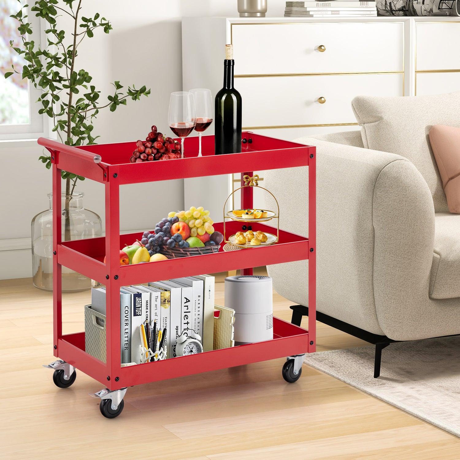 3-Tier Utility Cart Metal Mental Storage Service Trolley-Red
