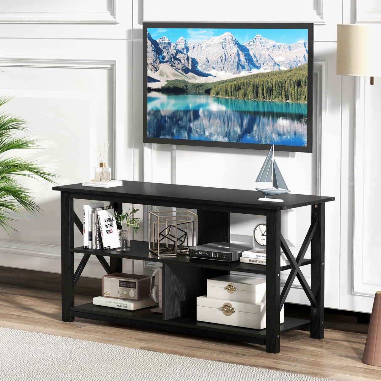 3 Tier Wood TV Stand for 55-Inch with Open Shelves and X-Shaped Frame
