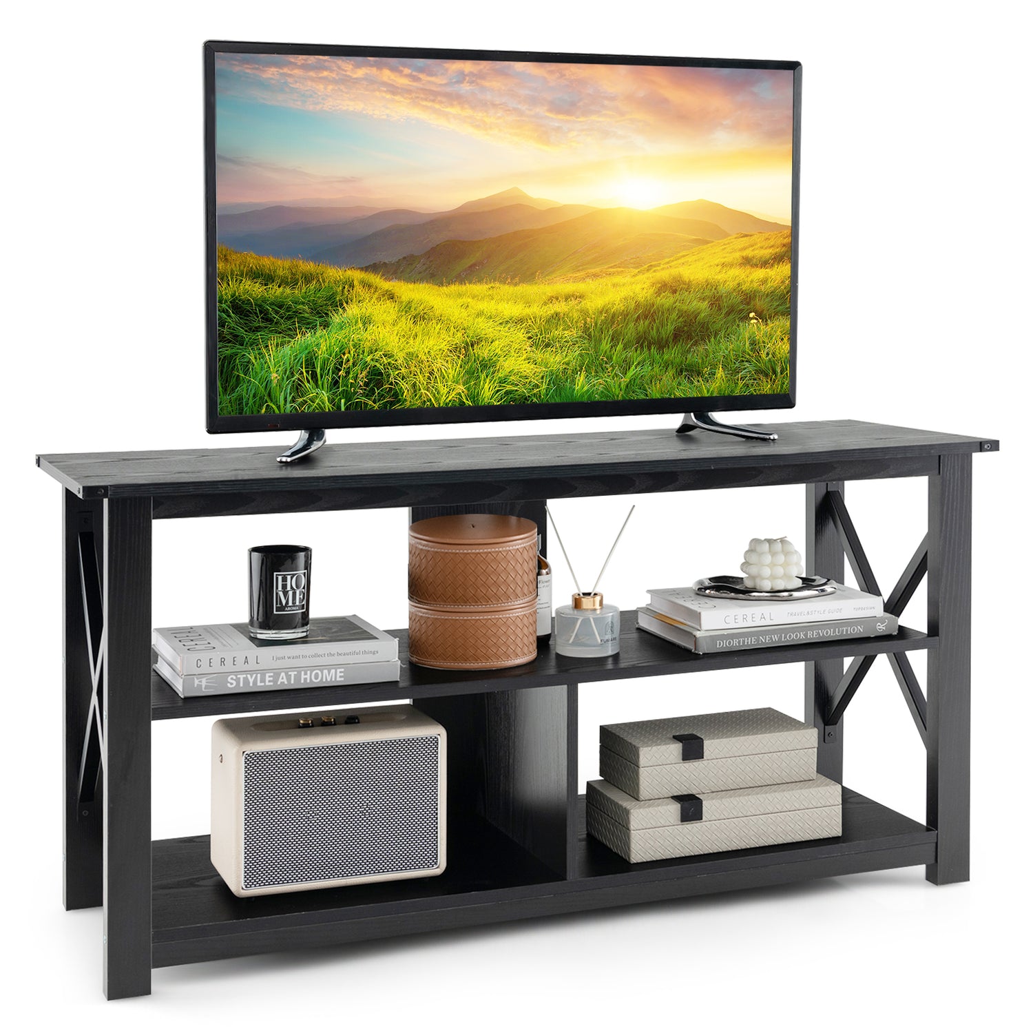 3 Tier Wood TV Stand for 55-Inch with Open Shelves and X-Shaped Frame