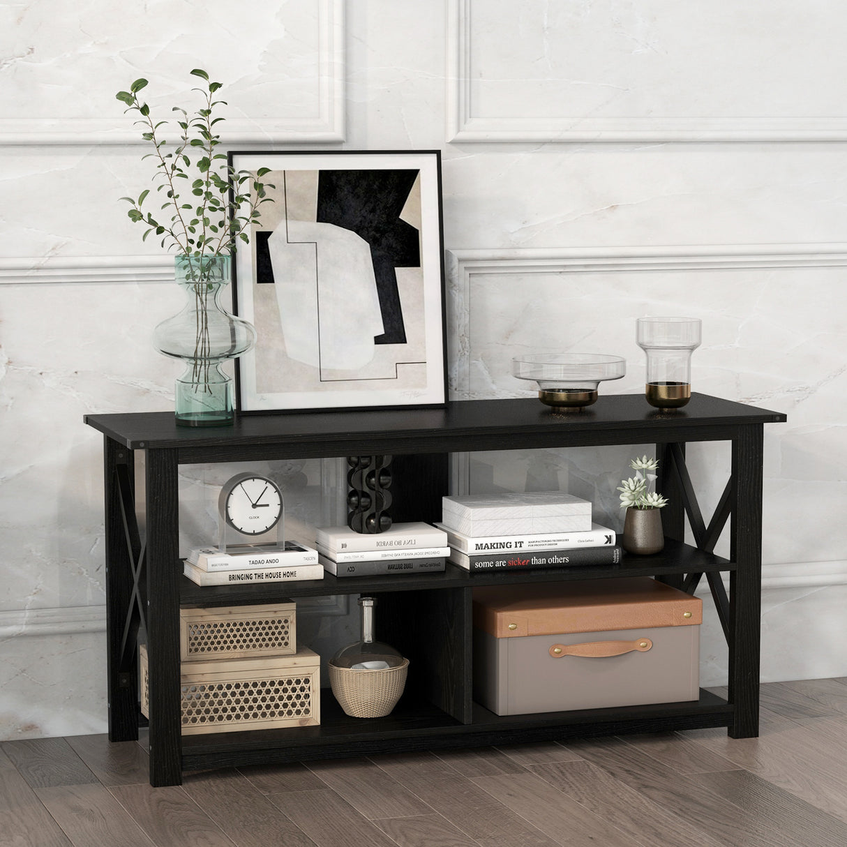 3 Tier Wood TV Stand for 55-Inch with Open Shelves and X-Shaped Frame