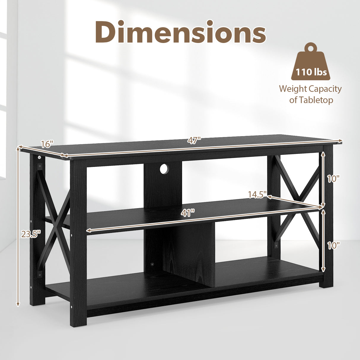 3 Tier Wood TV Stand for 55-Inch with Open Shelves and X-Shaped Frame