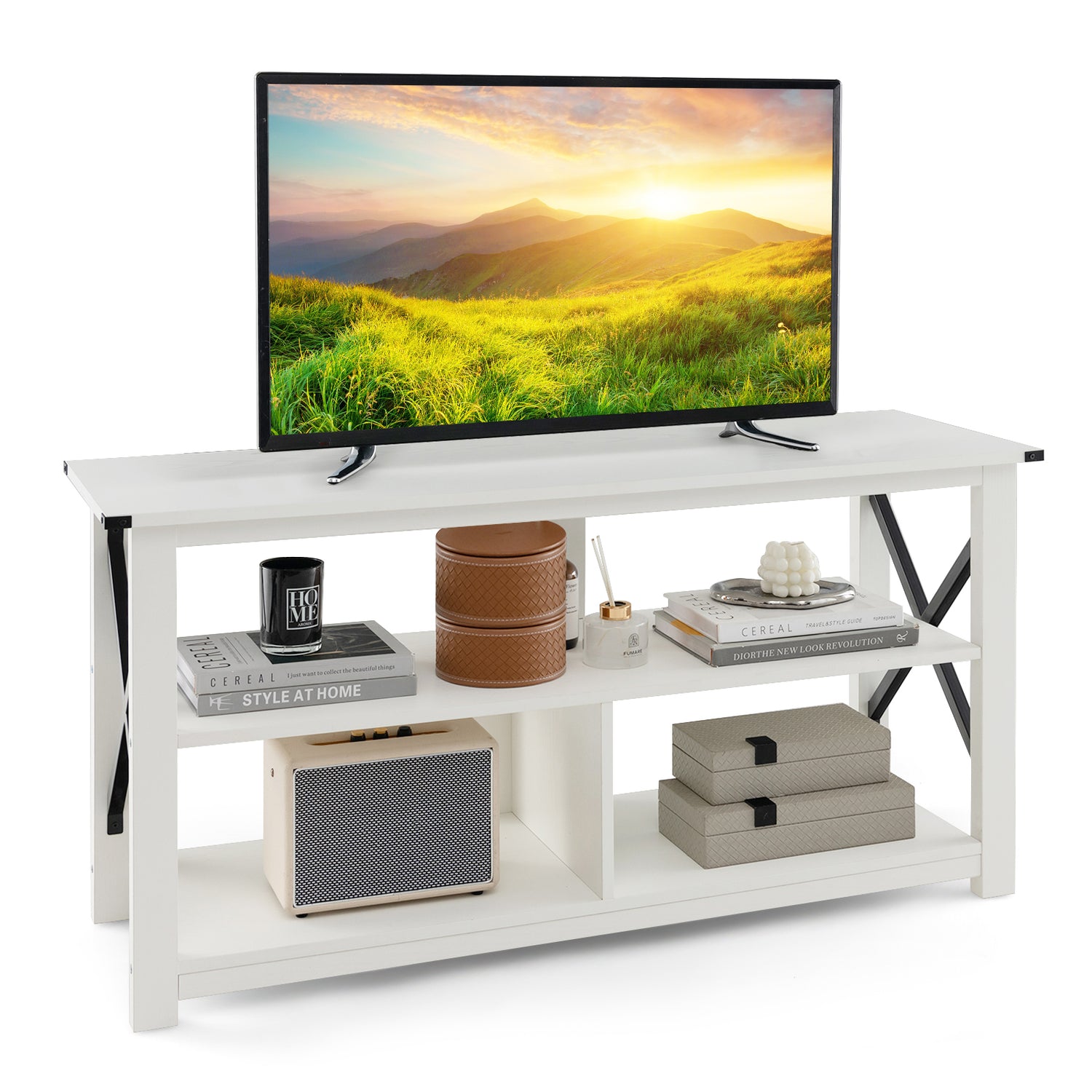 3 Tier Wood TV Stand for 55-Inch with Open Shelves and X-Shaped Frame