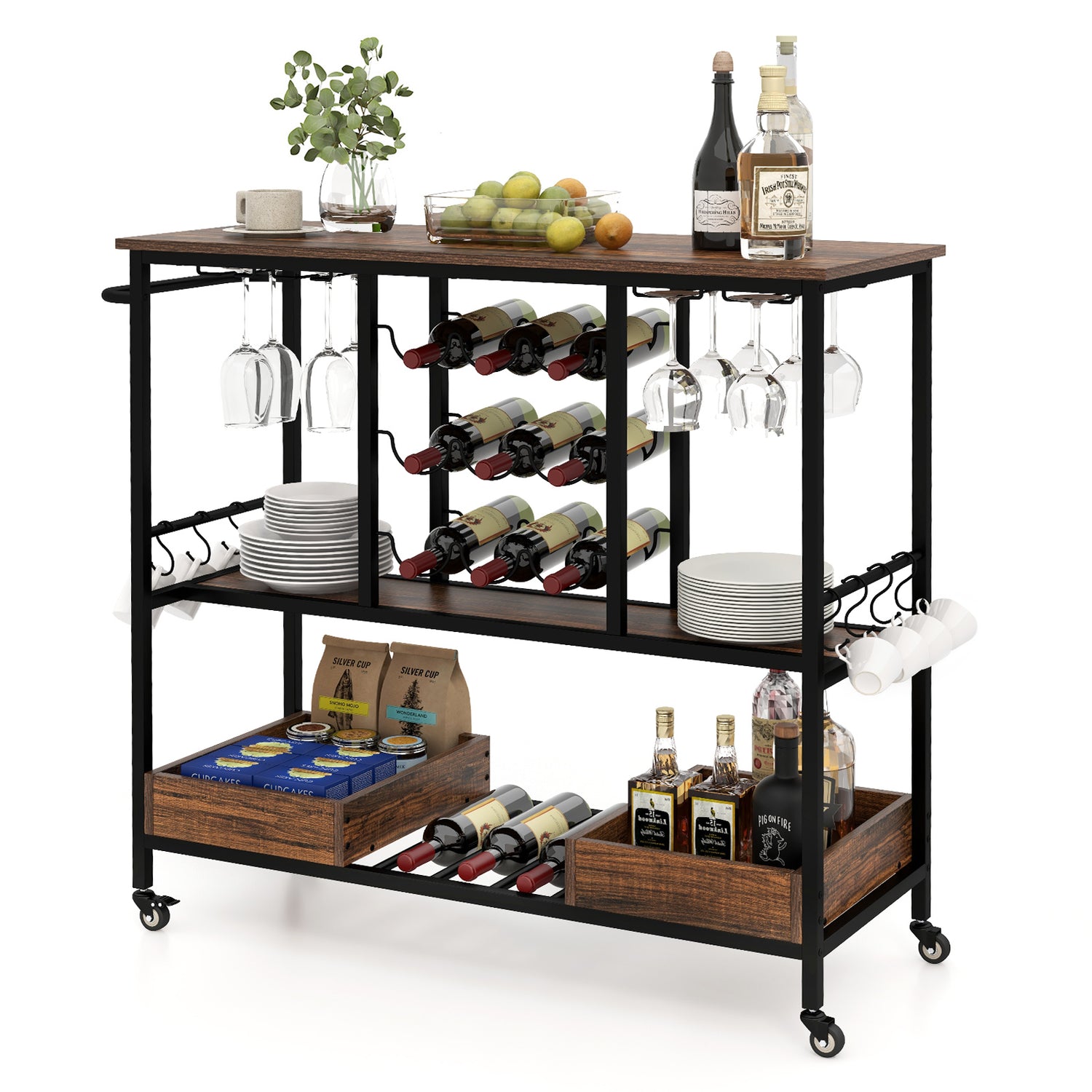 3 Tiers Bar Cart on Wheels with Glass Racks