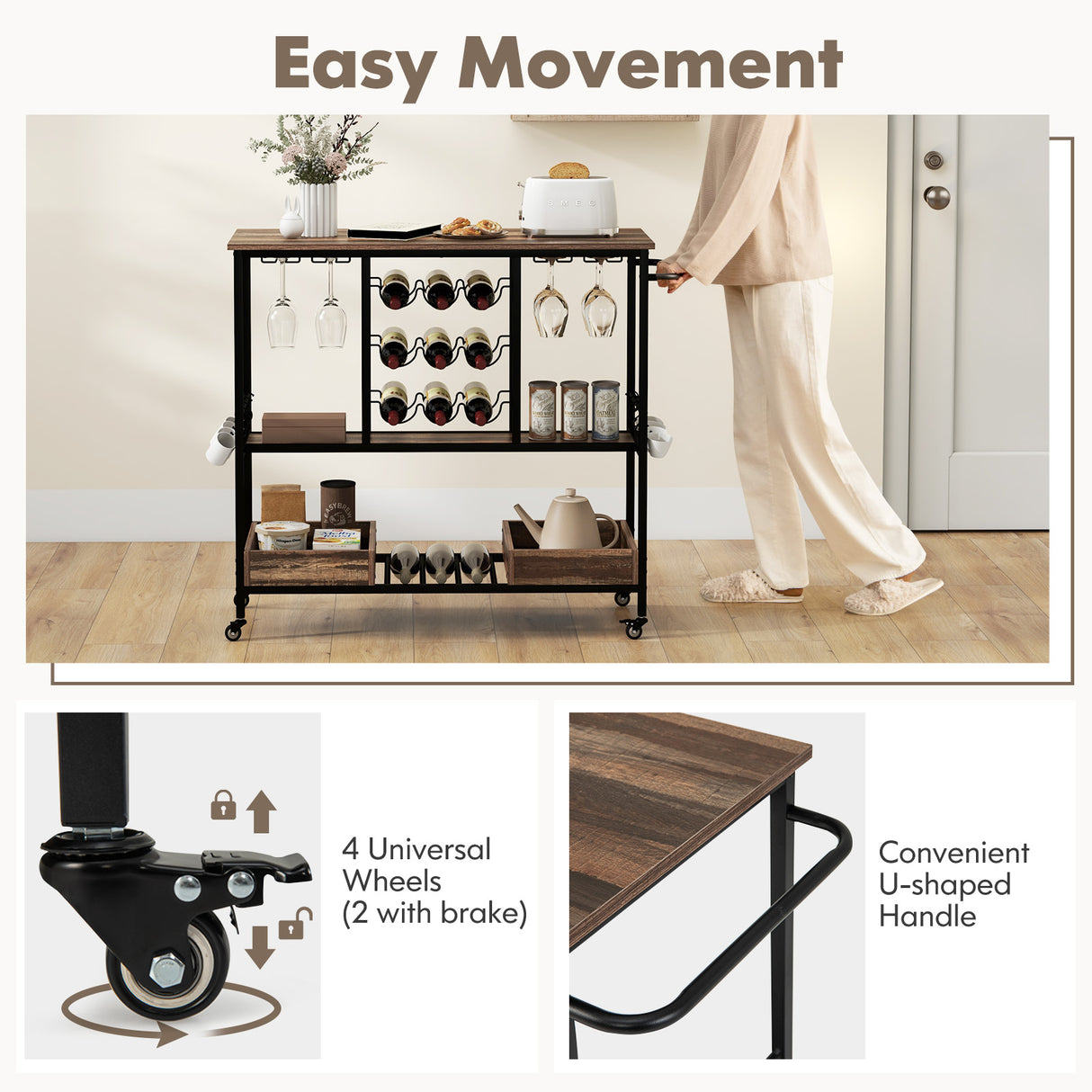 3 Tiers Bar Cart on Wheels with Glass Racks