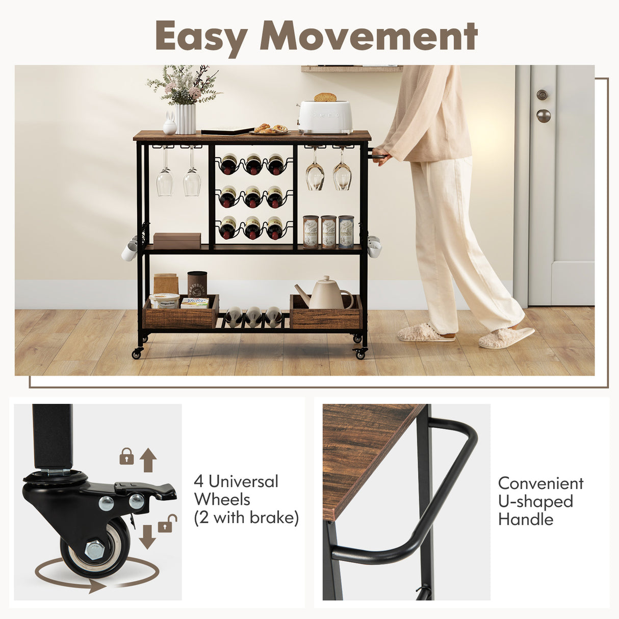 3 Tiers Bar Cart on Wheels with Glass Racks