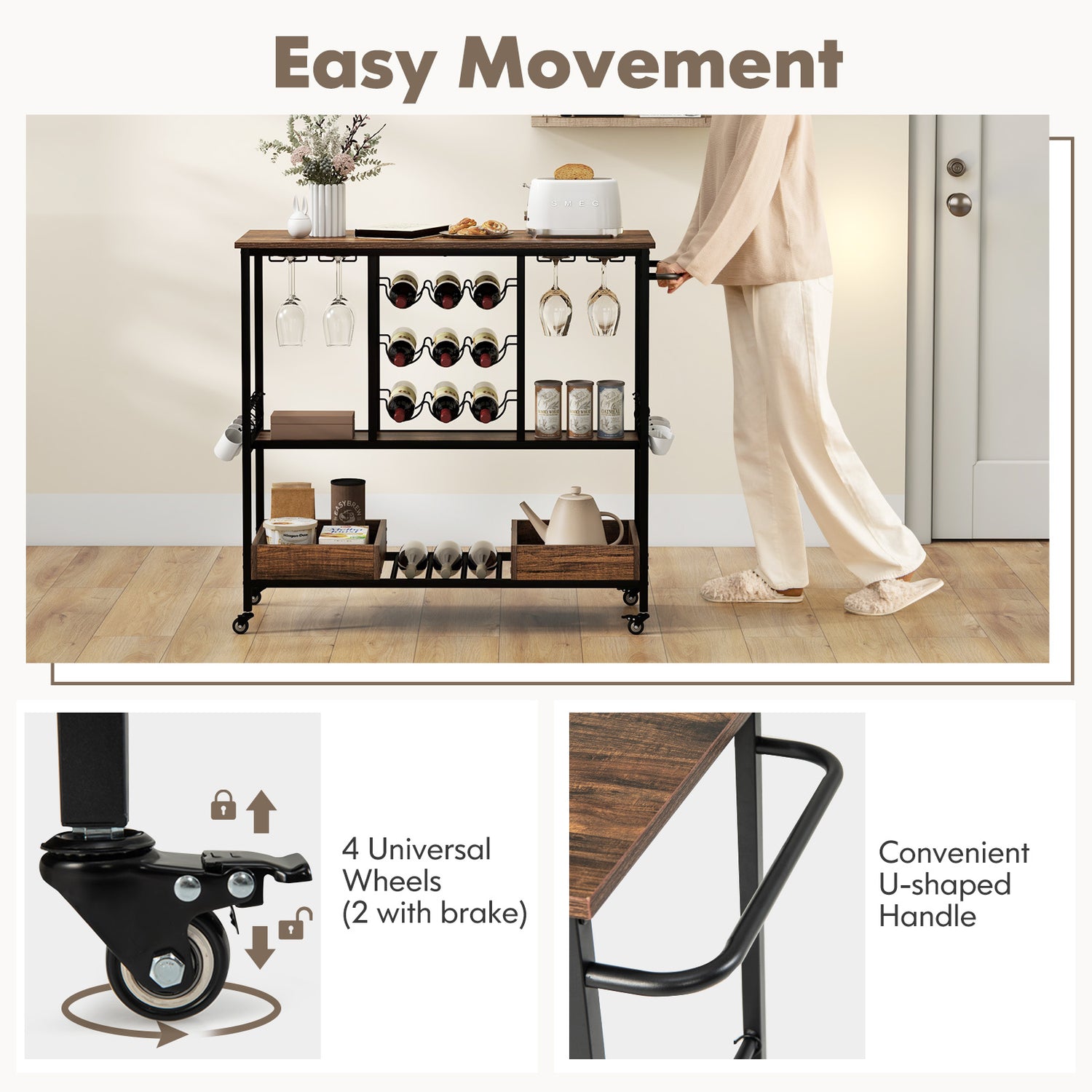 3 Tiers Bar Cart on Wheels with Glass Racks