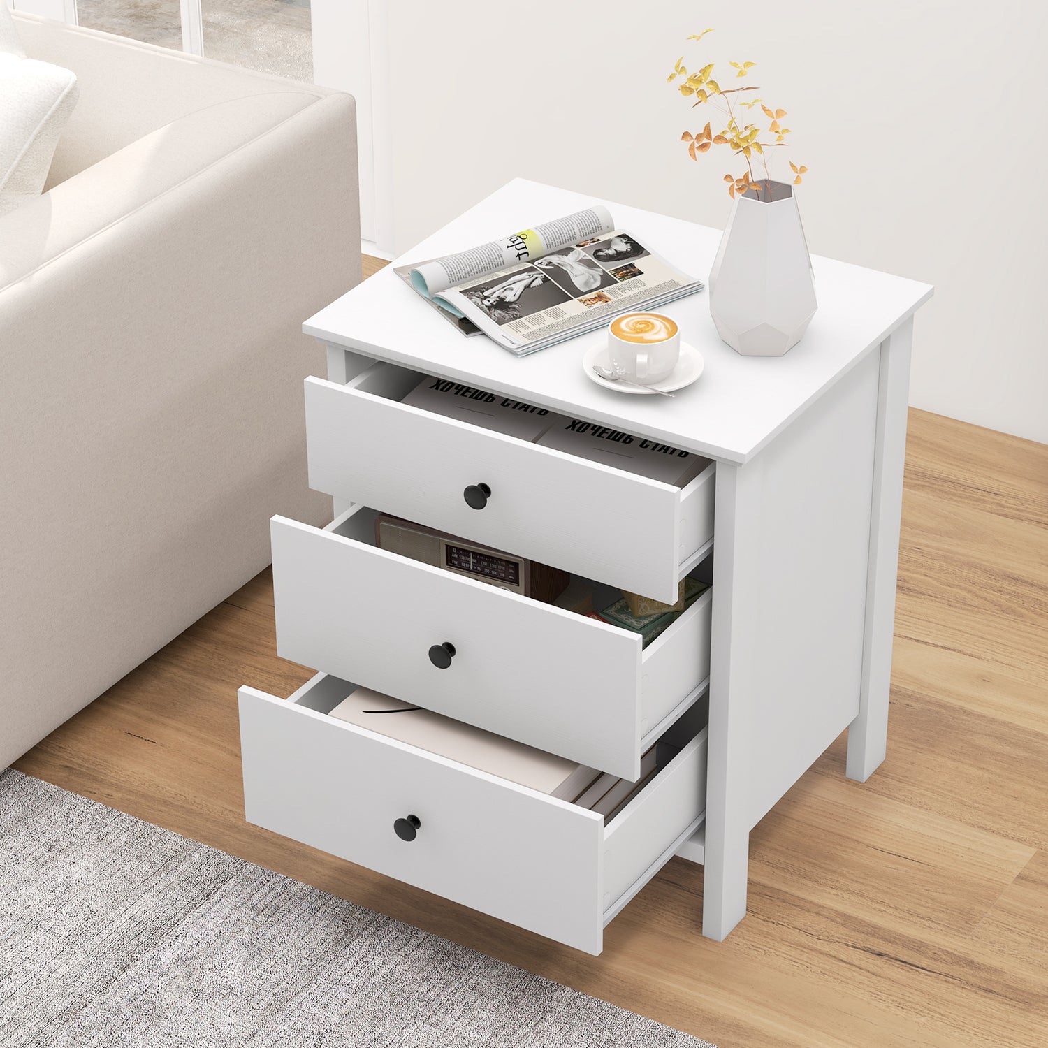 3-Drawer Wooden Nightstand Modern Bedside Table