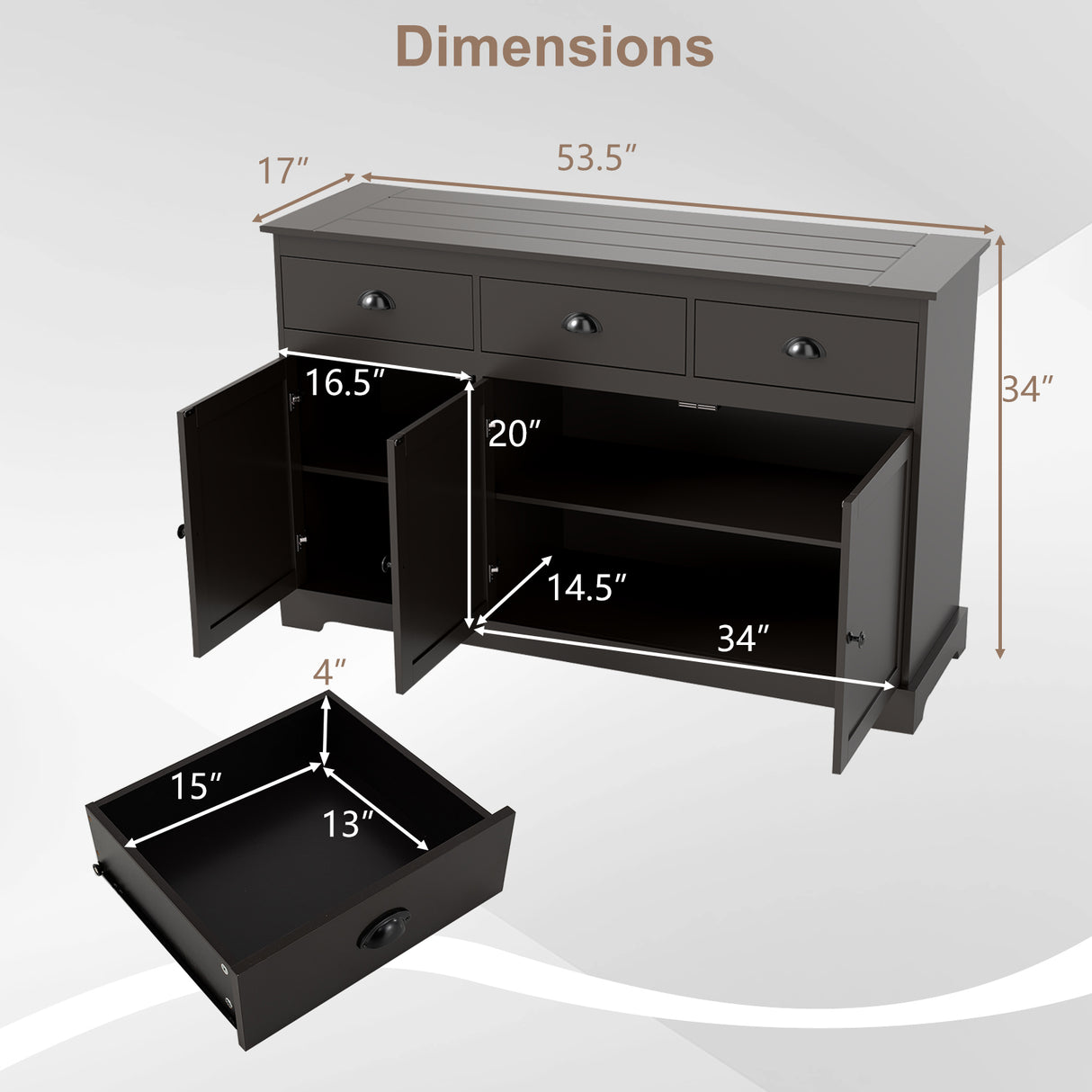 3 Drawers Sideboard Buffet Storage with Adjustable Shelves