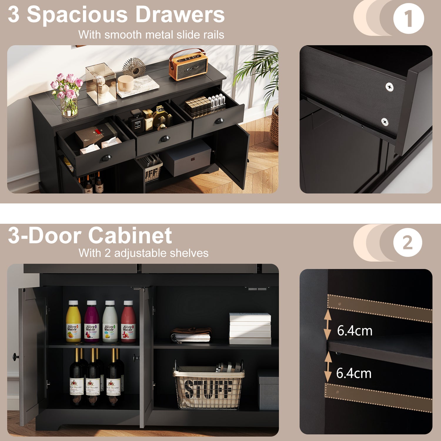 3 Drawers Sideboard Buffet Storage with Adjustable Shelves