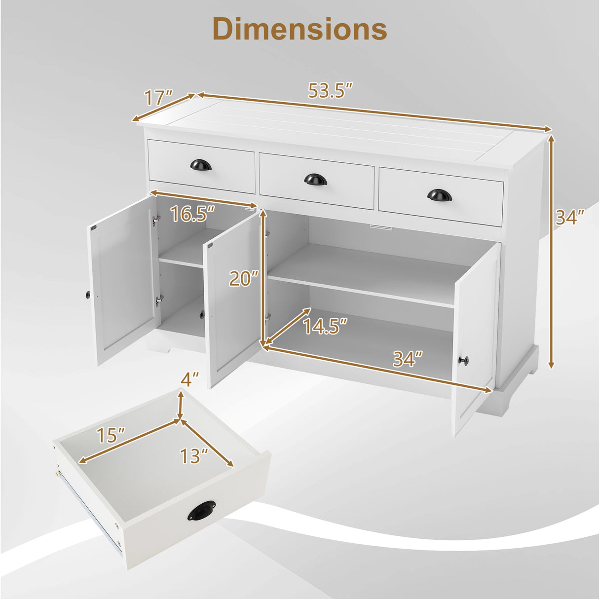 3 Drawers Sideboard Buffet Storage with Adjustable Shelves