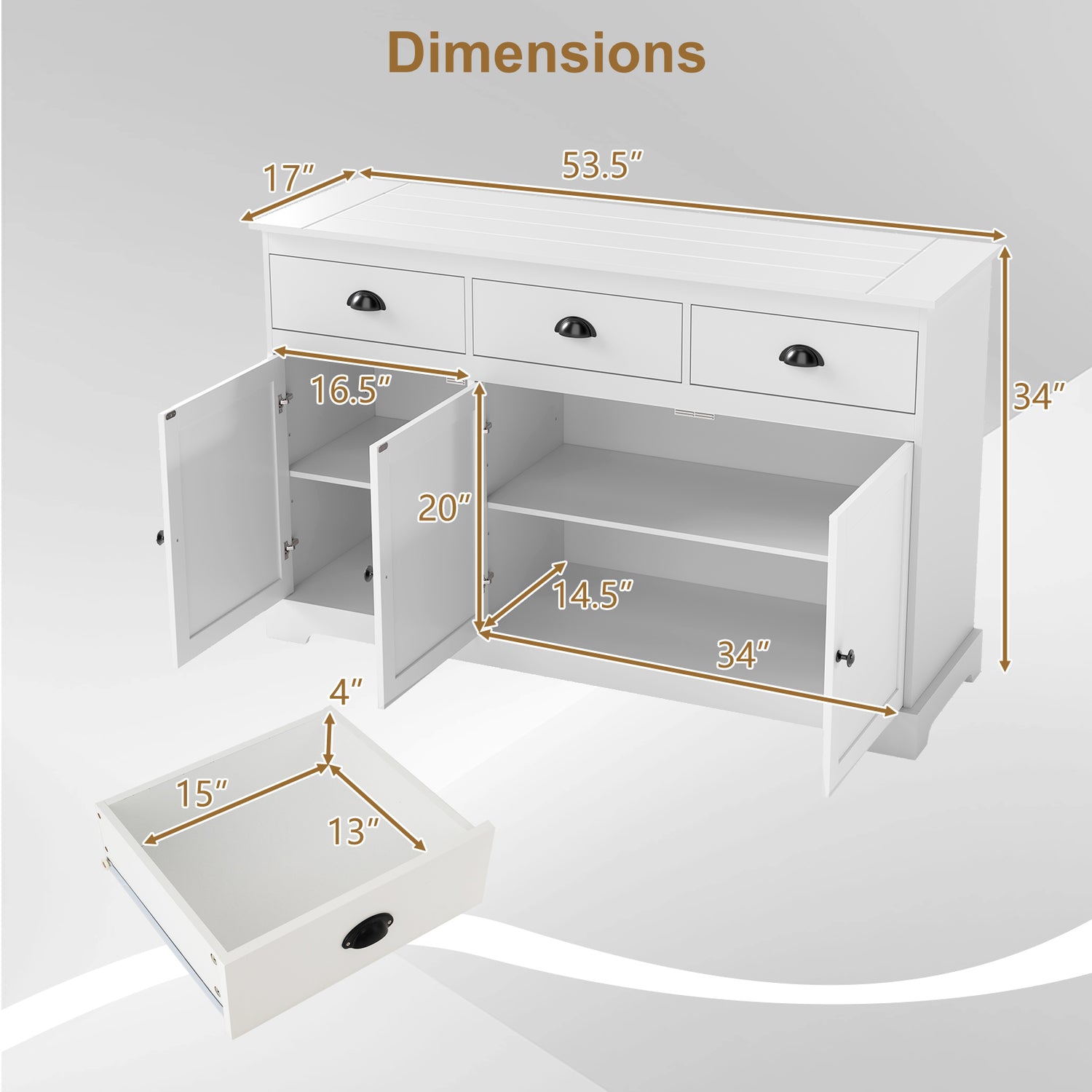 3 Drawers Sideboard Buffet Storage with Adjustable Shelves