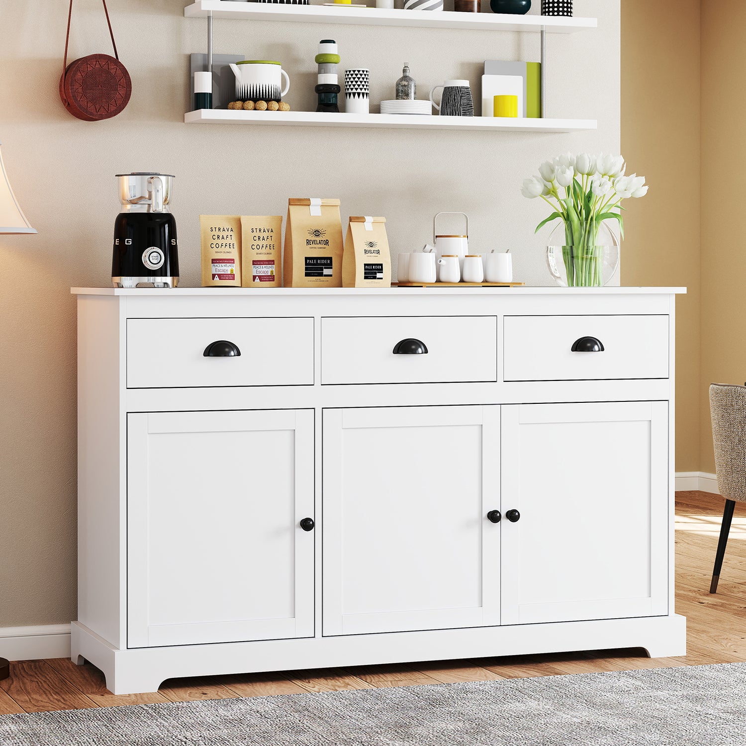 3 Drawers Sideboard Buffet Storage with Adjustable Shelves
