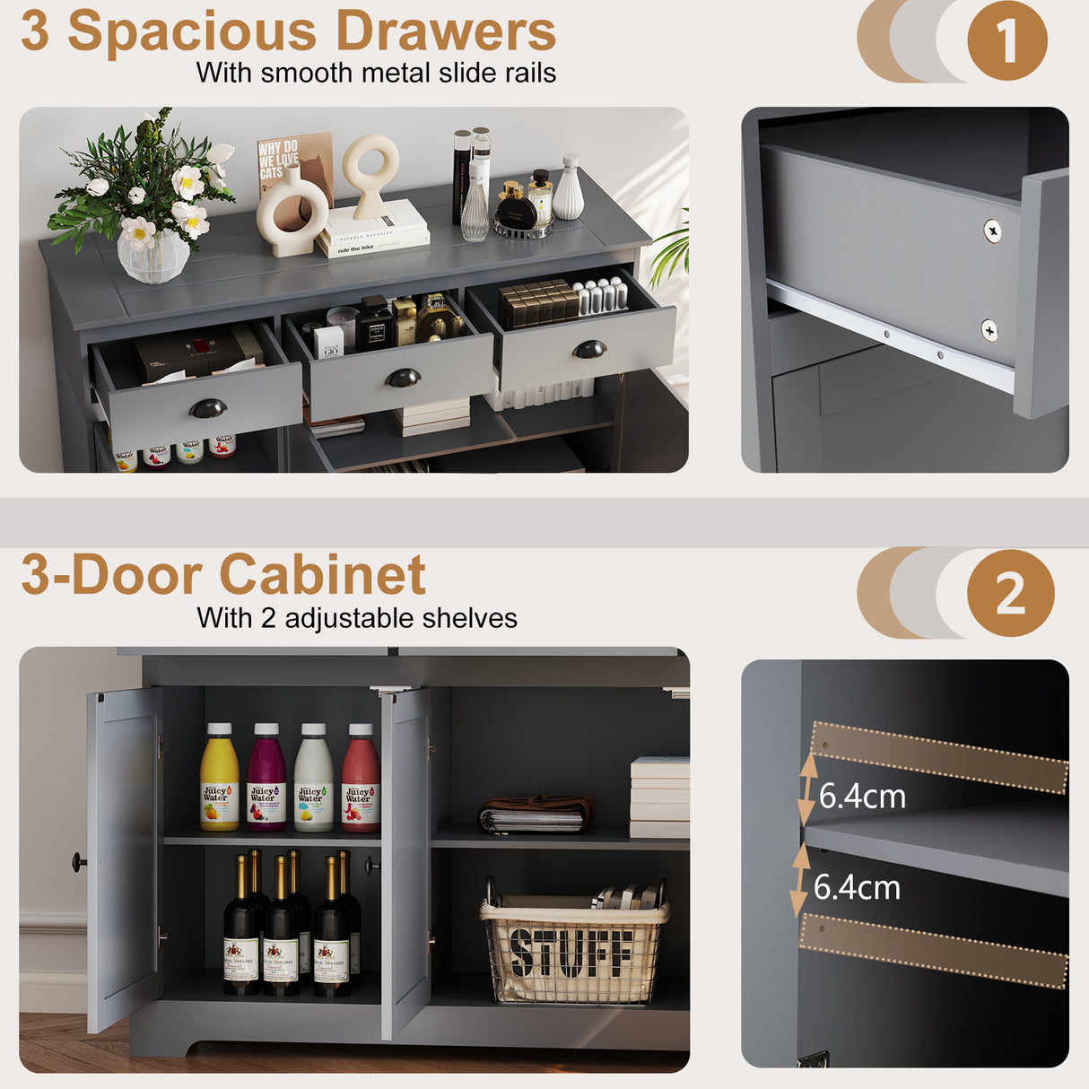 3 Drawers Sideboard Buffet Storage with Adjustable Shelves