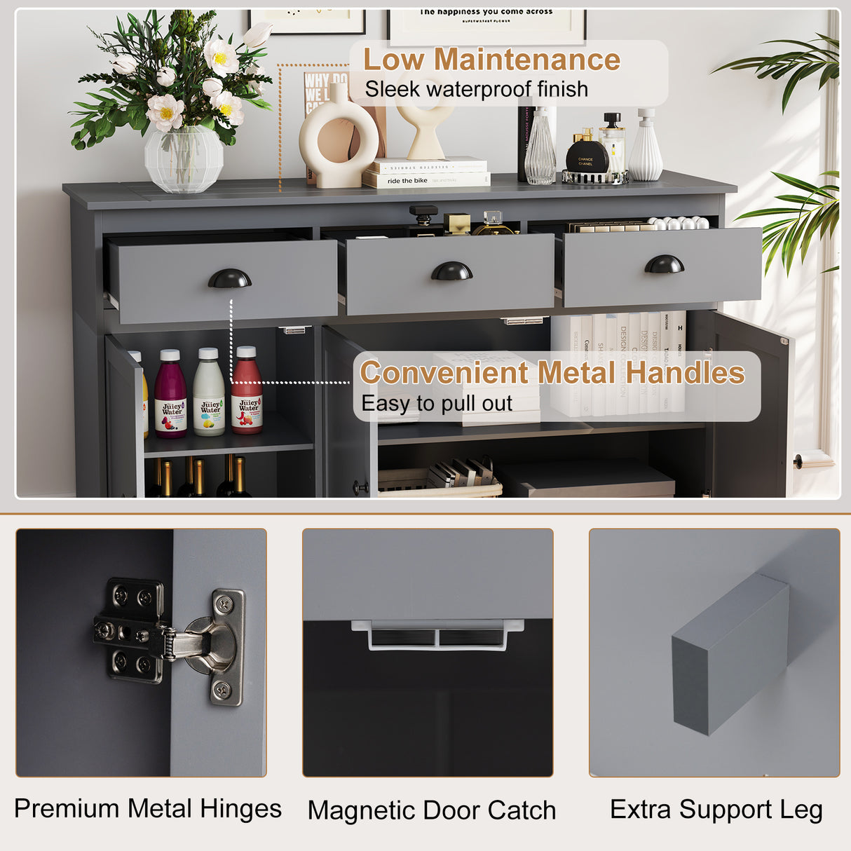 3 Drawers Sideboard Buffet Storage with Adjustable Shelves