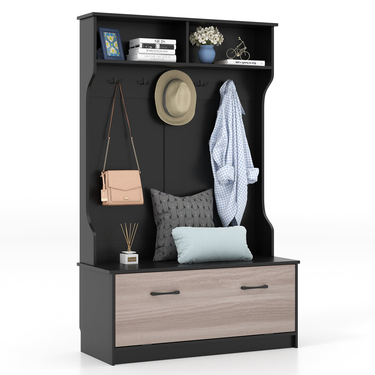 3 in 1 Coat Rack with Entryway Bench and Hooks and Enclosed Cabinet