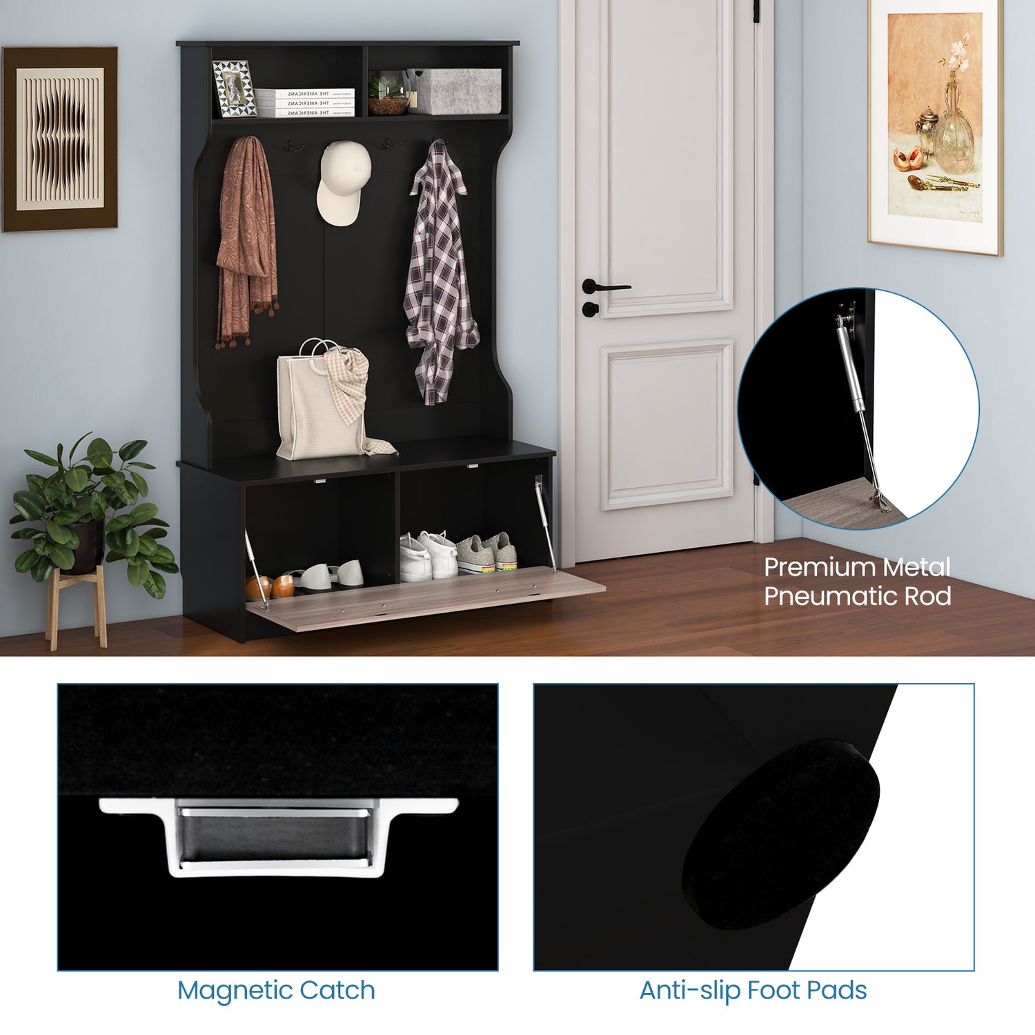 3 in 1 Coat Rack with Entryway Bench and Hooks and Enclosed Cabinet