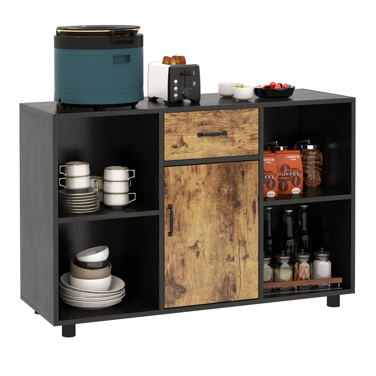 3-in-1 Dining Set: Windsor Chairs Industrial Sideboard & Wall-Mount Wine Rack Combo