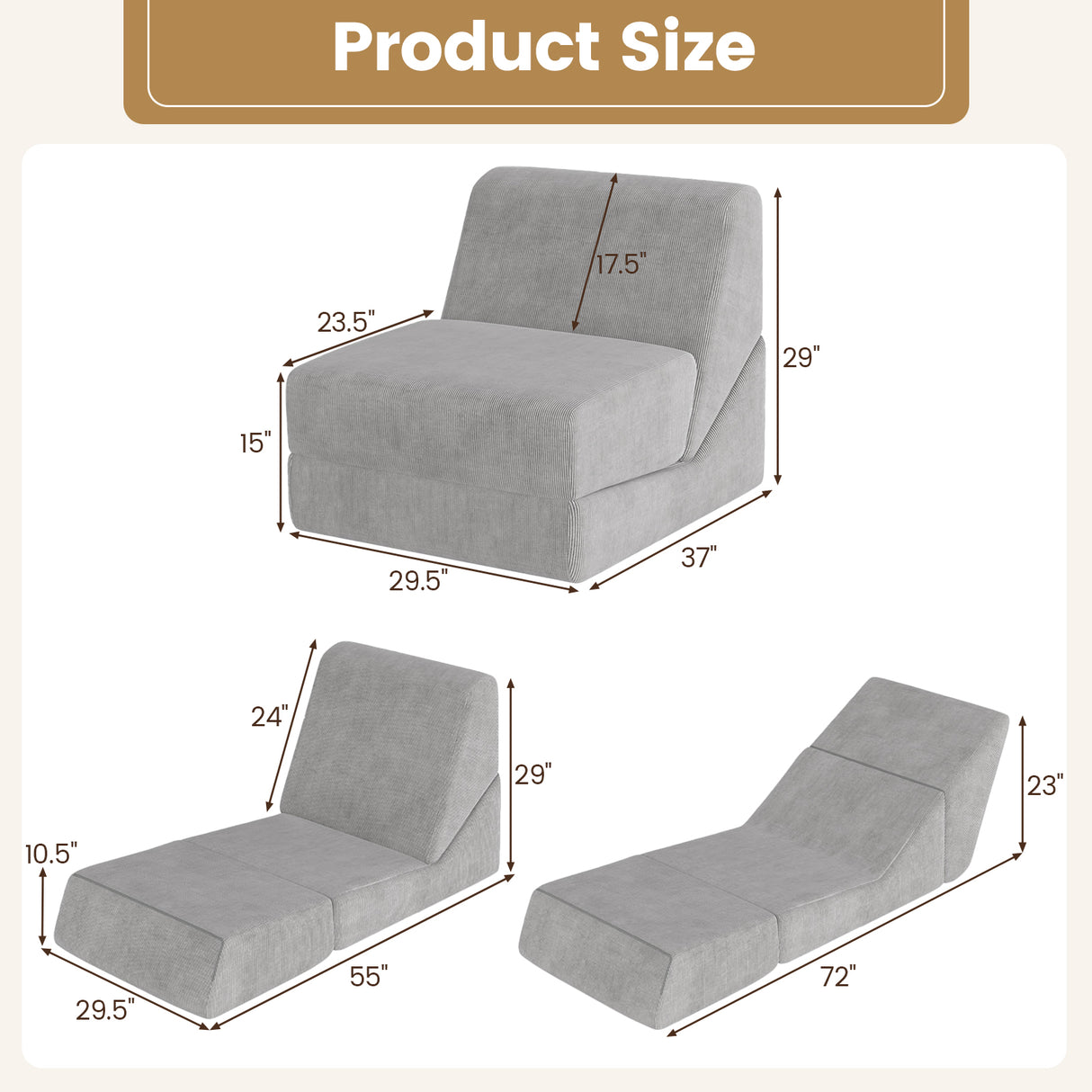 3-in-1 Folding Sofa Bed with Washable Zippered Cover-Gray