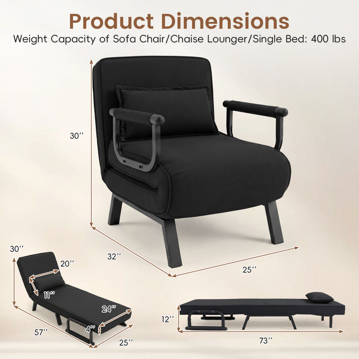 3-in-1 Folding Sofa Bed with Adjustable Backrest Comfy Cushion and Hidden Metal Legs