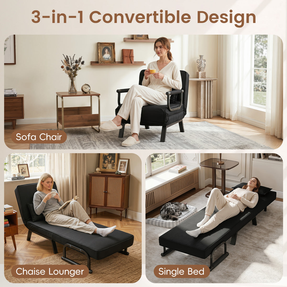 3-in-1 Folding Sofa Bed with Adjustable Backrest Comfy Cushion and Hidden Metal Legs