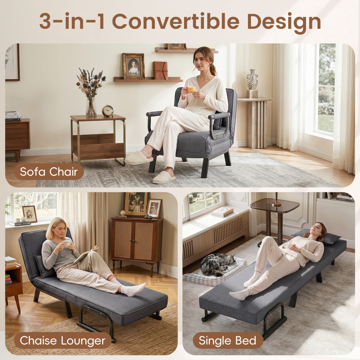 3-in-1 Folding Sofa Bed with Adjustable Backrest Comfy Cushion and Hidden Metal Legs