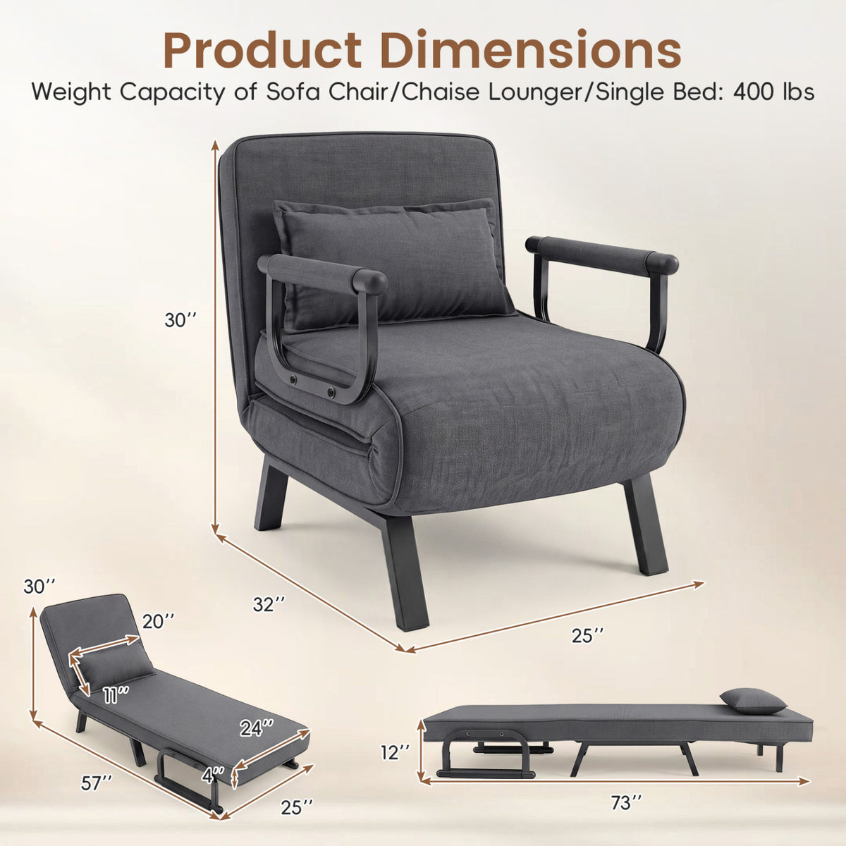 3-in-1 Folding Sofa Bed with Adjustable Backrest Comfy Cushion and Hidden Metal Legs