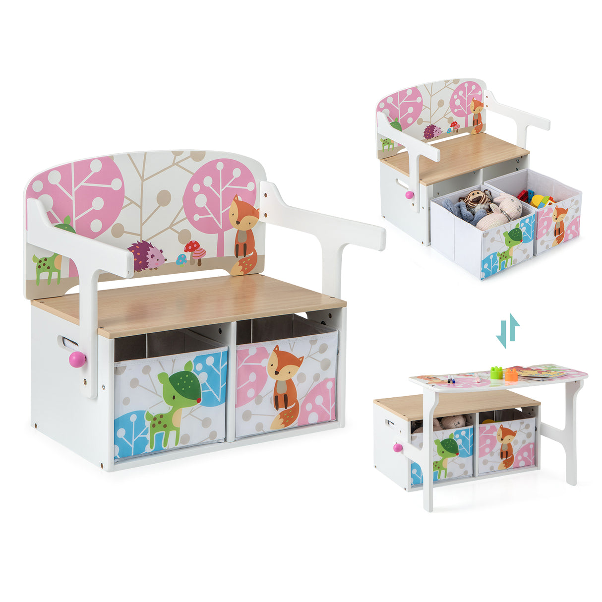 3 in 1 Kids Convertible Activity Bench with 2 Removable Fabric Bins