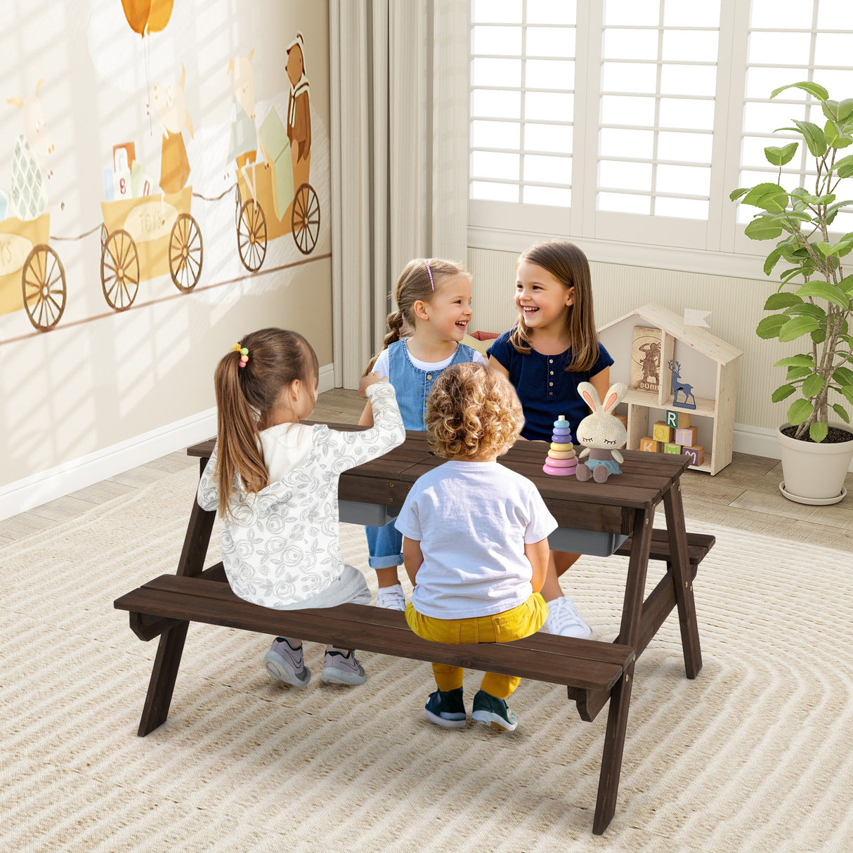 3-in-1 Kids Outdoor Picnic Water Sand Table with Umbrella Play Boxes