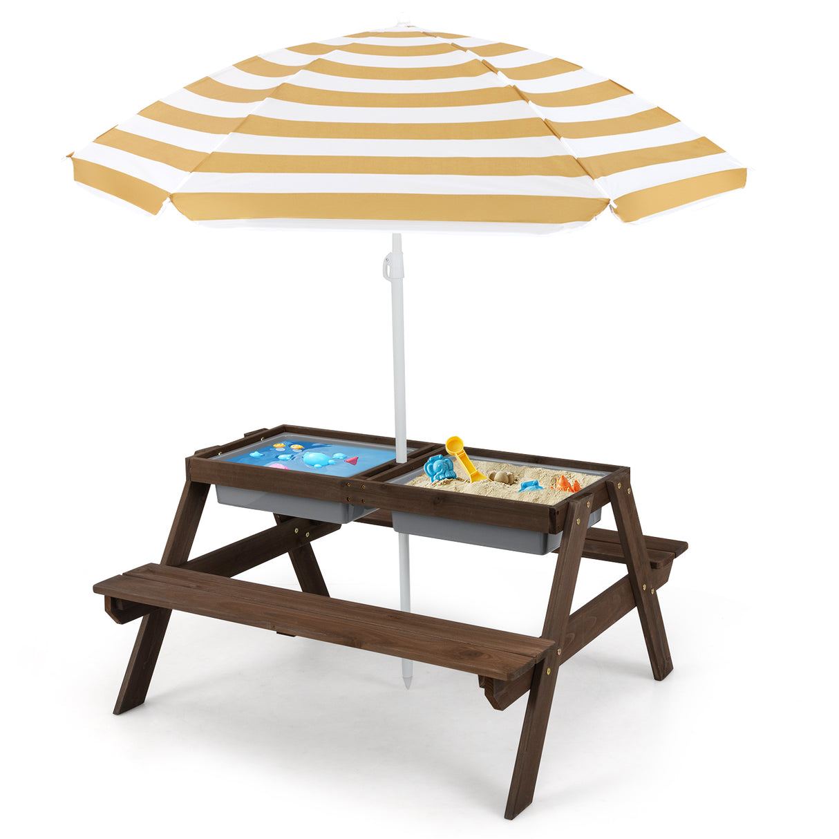 3-in-1 Kids Outdoor Picnic Water Sand Table with Umbrella Play Boxes