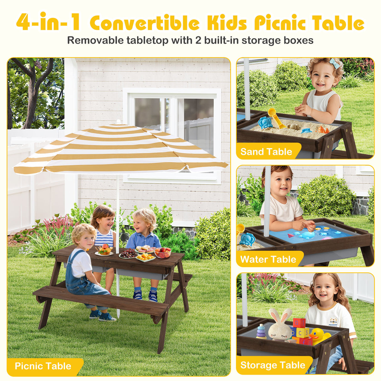 3-in-1 Kids Outdoor Picnic Water Sand Table with Umbrella Play Boxes