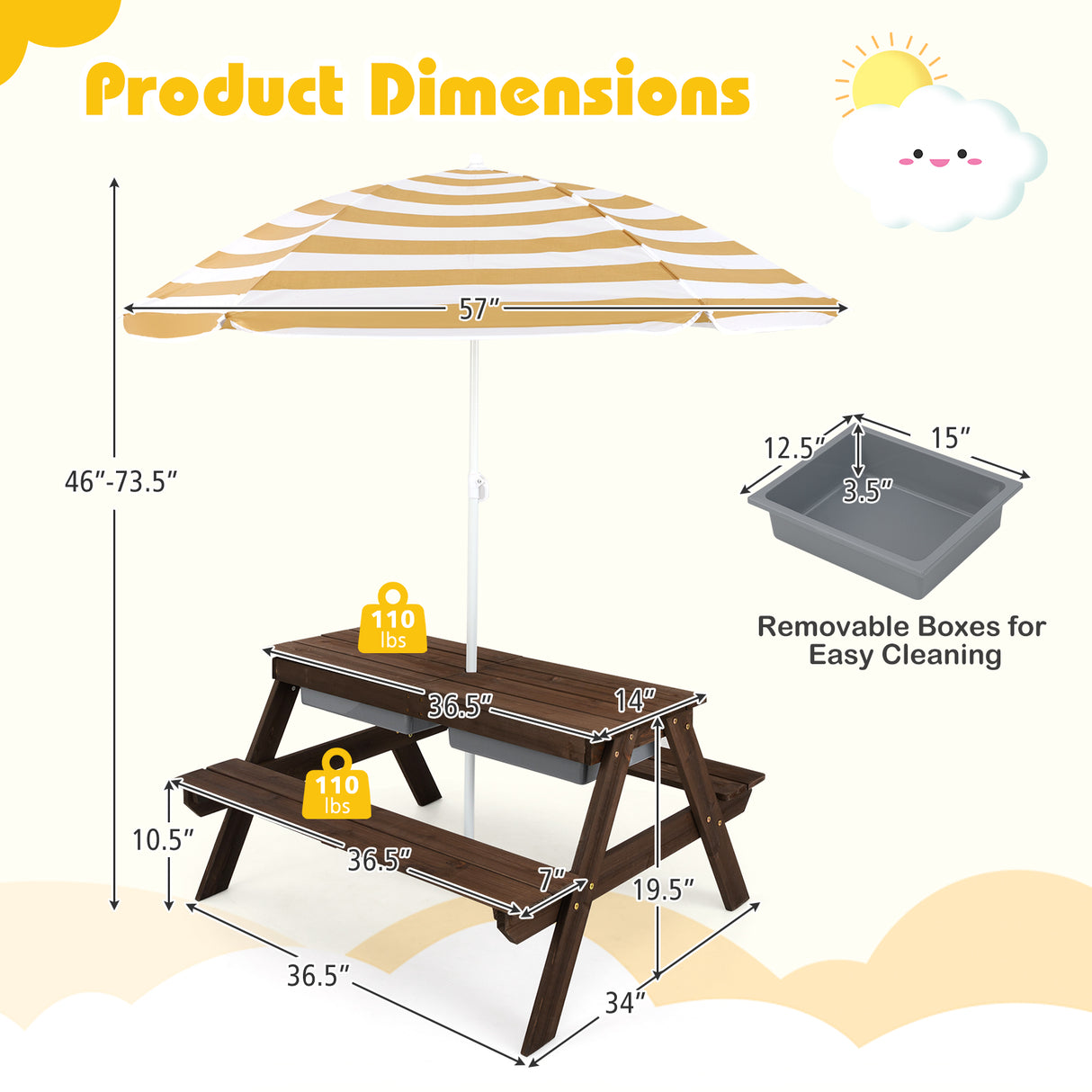 3-in-1 Kids Outdoor Picnic Water Sand Table with Umbrella Play Boxes