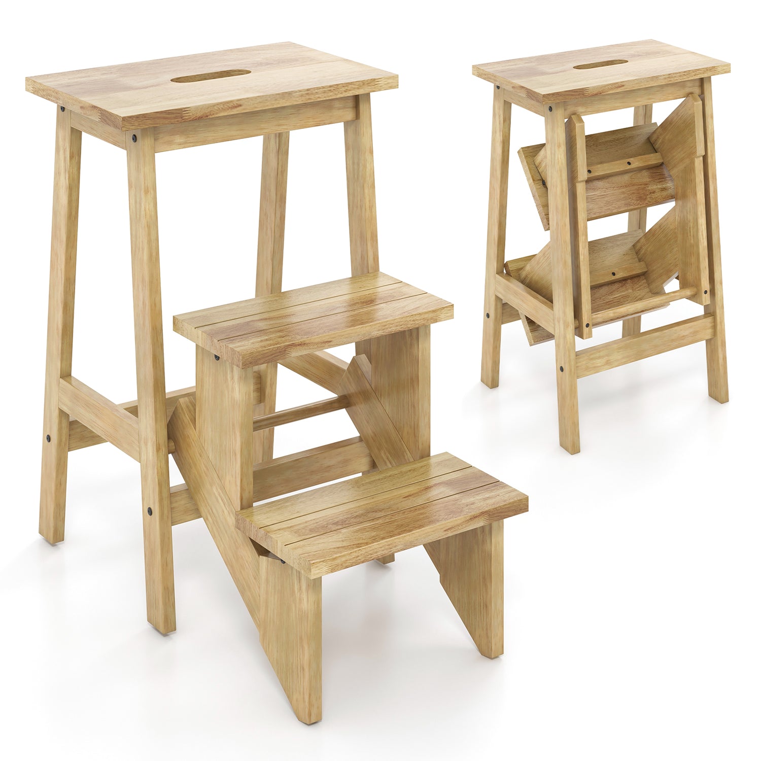 3-in-1 Rubber Wood Step Stool with Convenient Handle