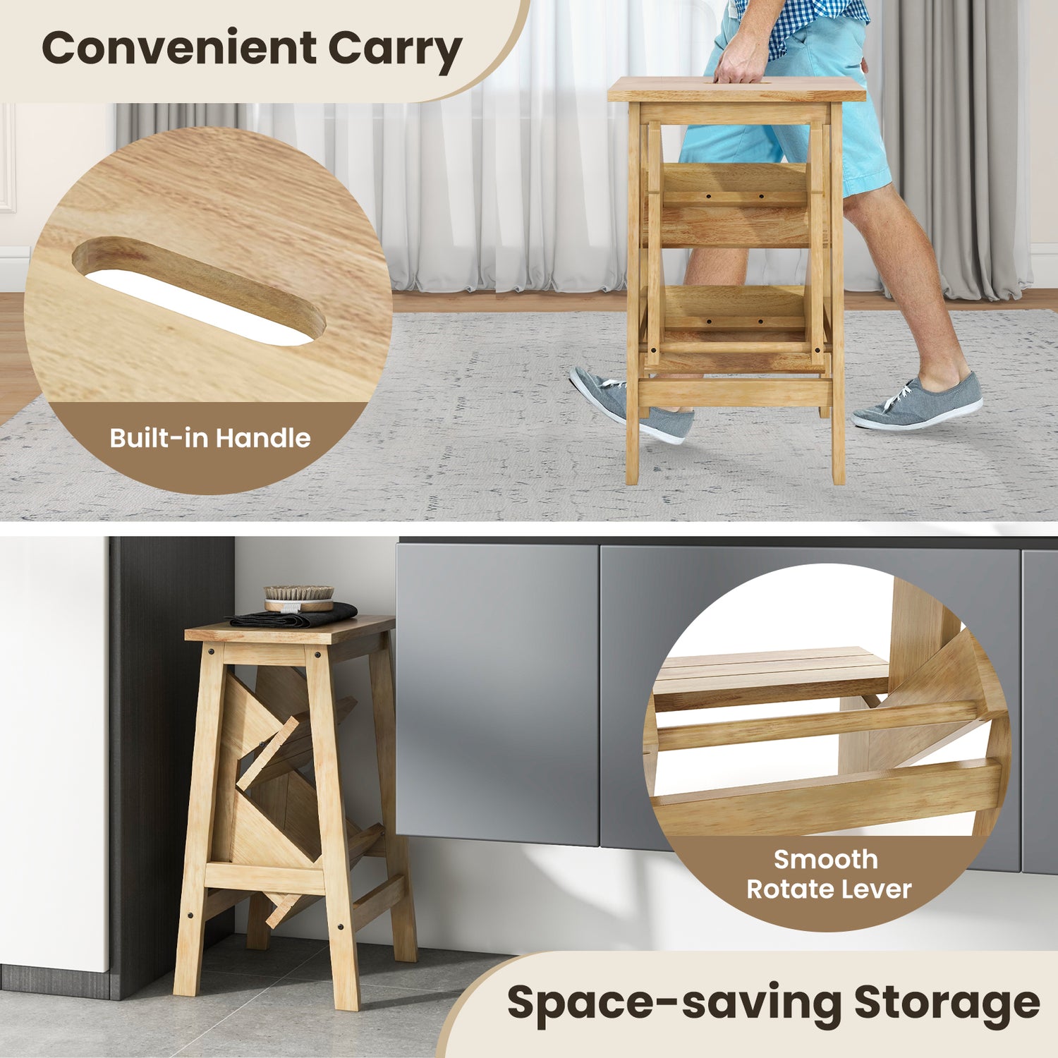 3-in-1 Rubber Wood Step Stool with Convenient Handle