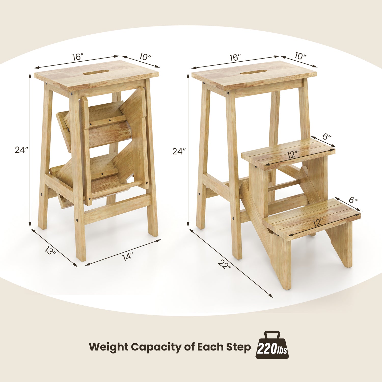 3-in-1 Rubber Wood Step Stool with Convenient Handle