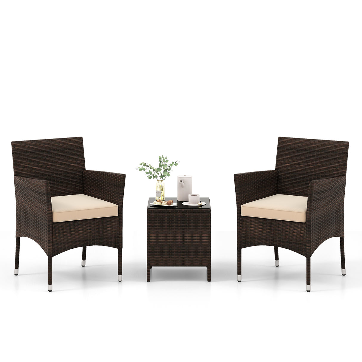 3 Pieces Outdoor Conversation Set with Cushioned Seat and Glass Tabletop