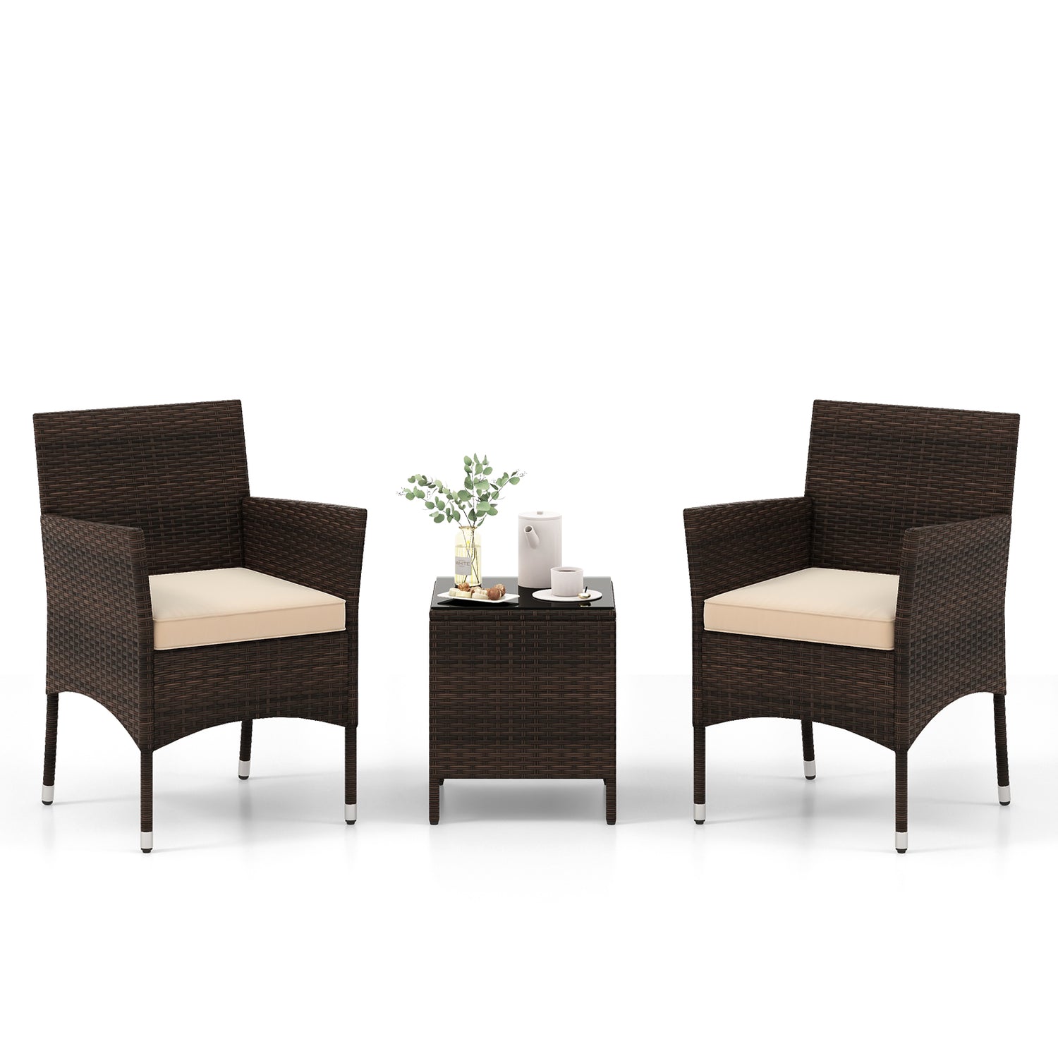3 Pieces Outdoor Conversation Set with Cushioned Seat and Glass Tabletop