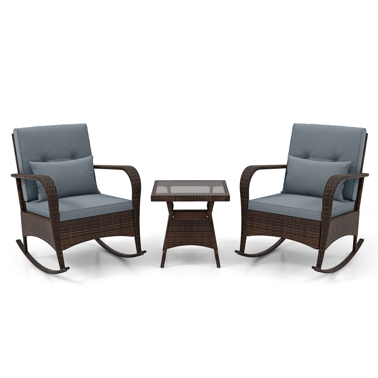 3 Piece Outdoor Rocking Set with Tempered Glass Coffee Table for Backyard Poolside