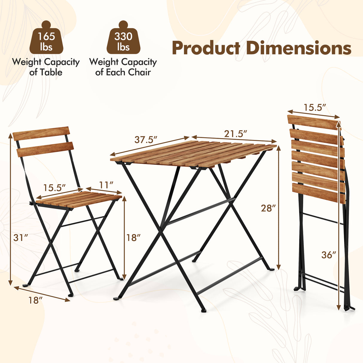 5 Piece Patio Acacia Wood Dining Set with 4 Folding Chairs-Brown