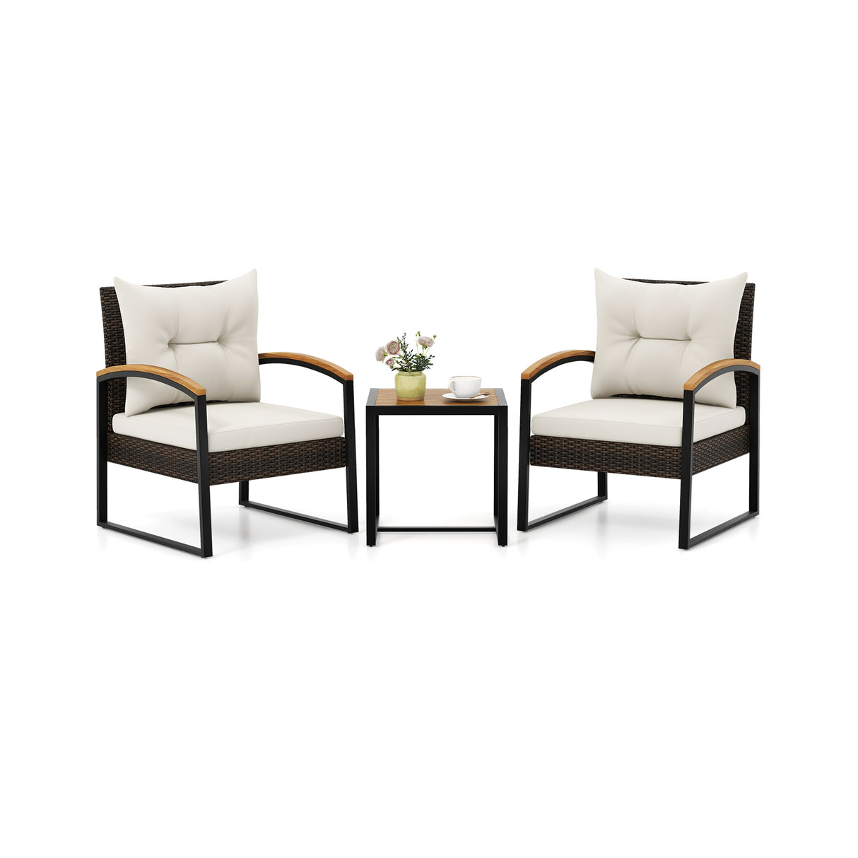 3 Piece Patio Conversation Set with Solid Acacia Wood Armrests and Tabletop-White