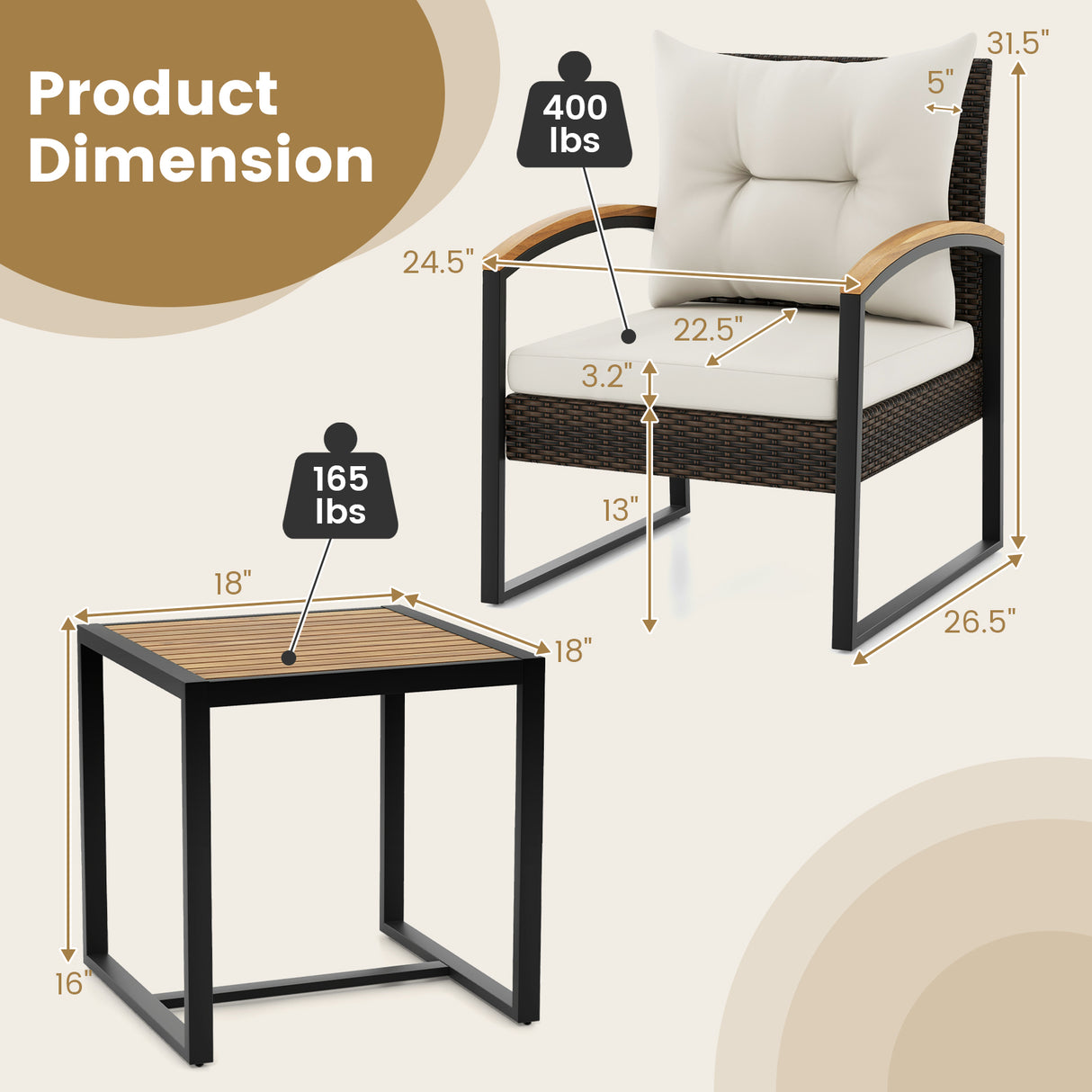3 Piece Patio Conversation Set with Solid Acacia Wood Armrests and Tabletop-White