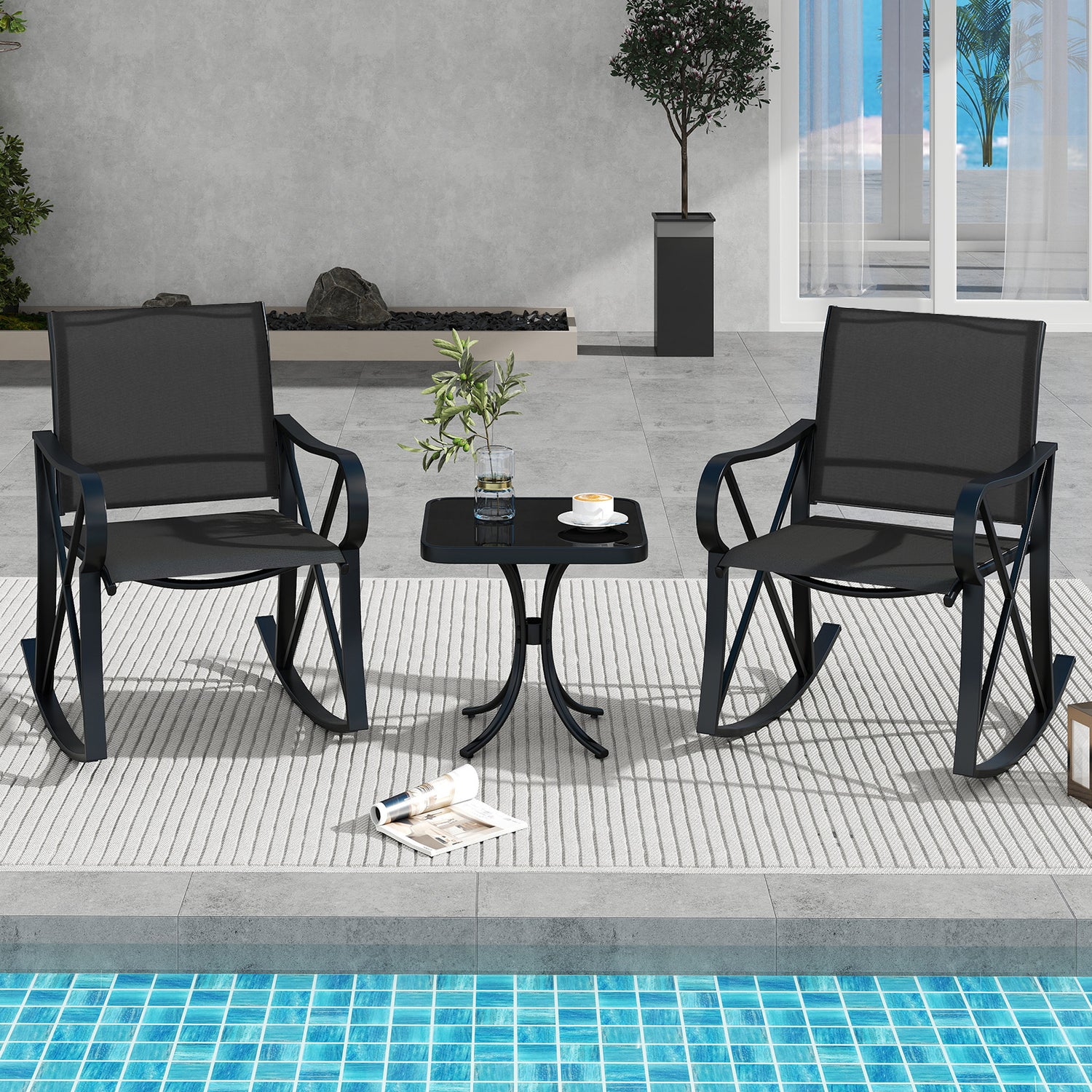 3 Piece Patio Rocking Set with Smooth Rocking Motion Outdoor Rocker Chair Bistro Set