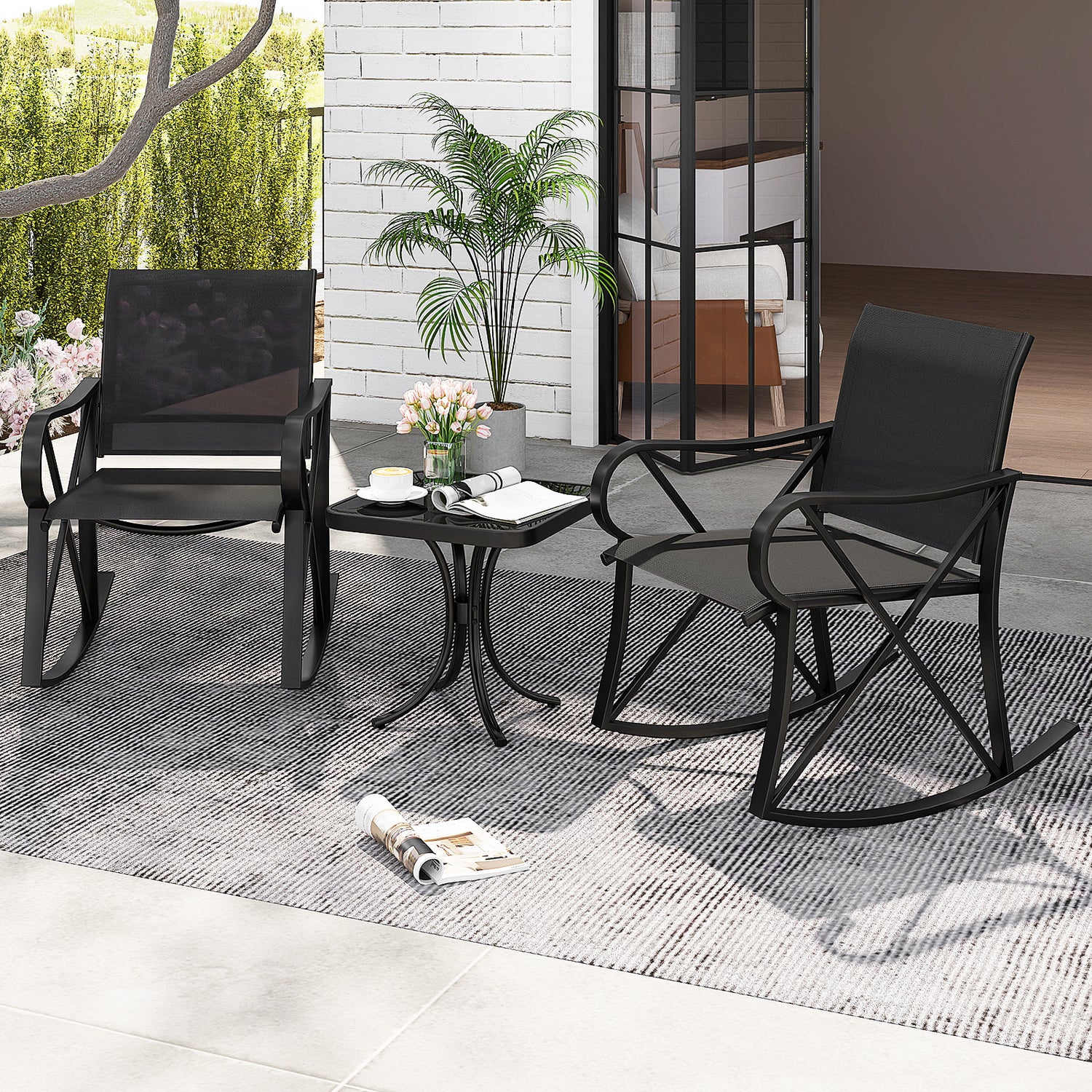 3 Piece Patio Rocking Set with Smooth Rocking Motion Outdoor Rocker Chair Bistro Set