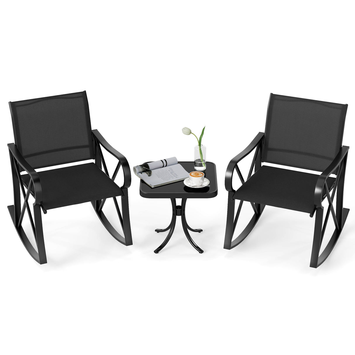 3 Piece Patio Rocking Set with Smooth Rocking Motion Outdoor Rocker Chair Bistro Set