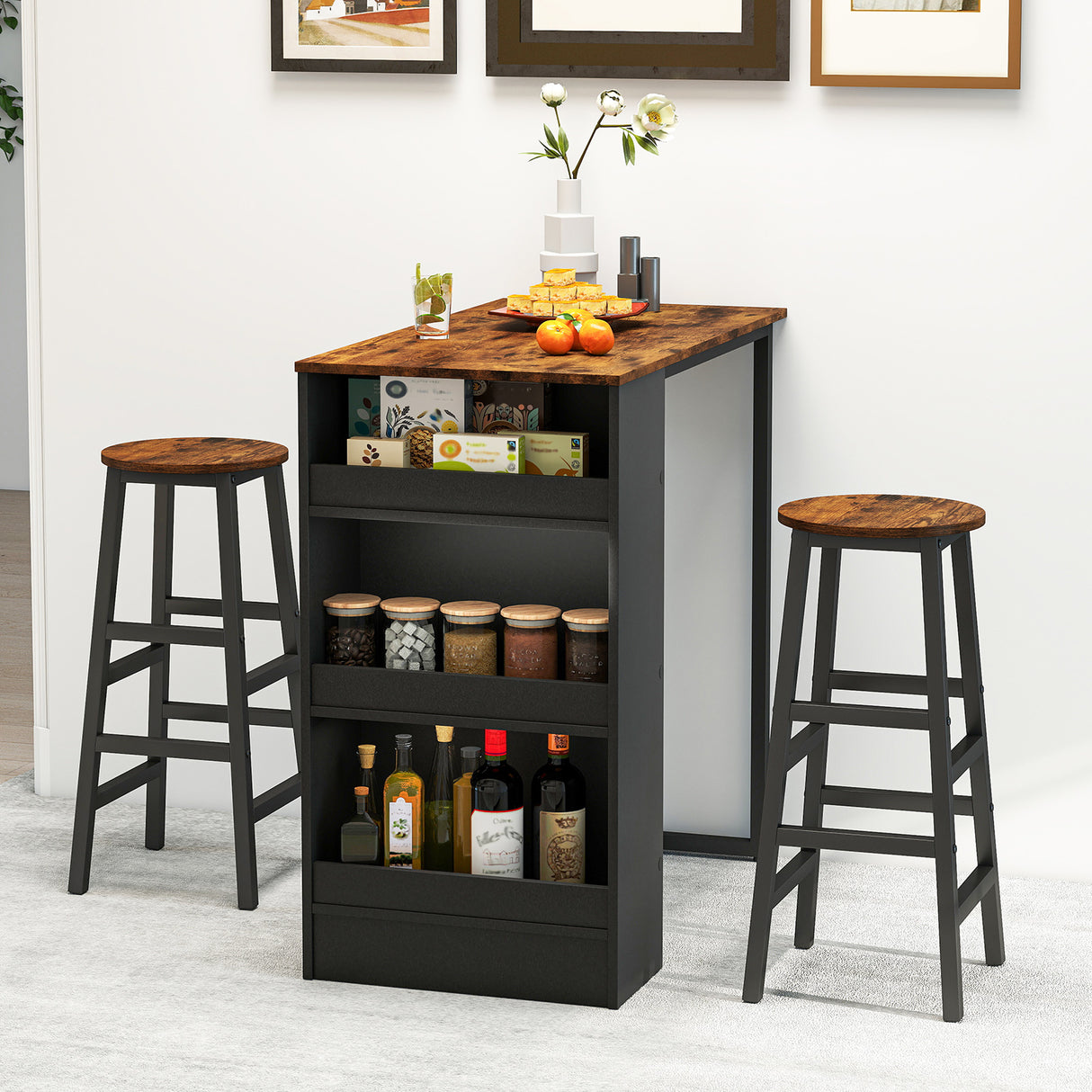 3 Pieces Bar Table Set with Storage