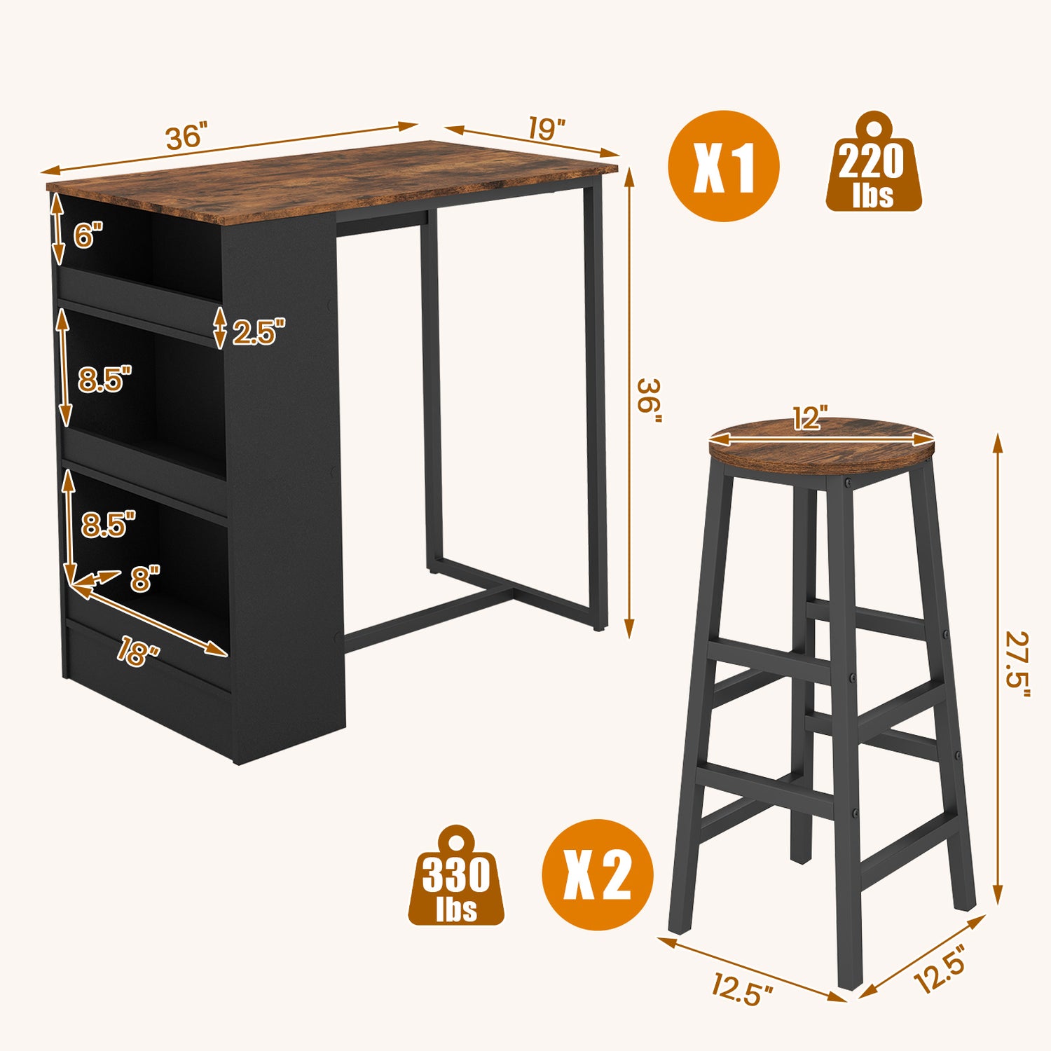 3 Pieces Bar Table Set with Storage