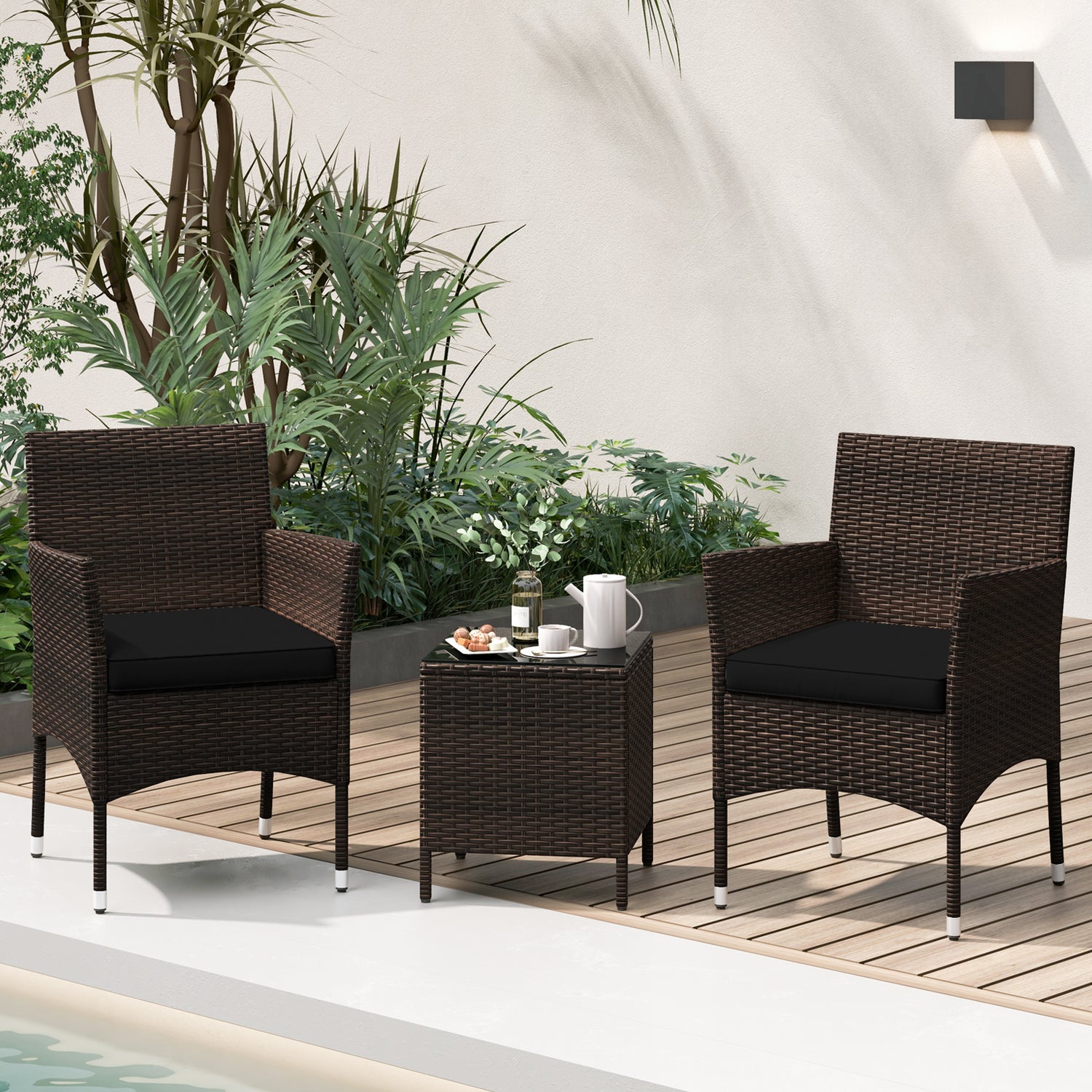 3 Pieces Outdoor Conversation Set with Cushioned Seat and Glass Tabletop